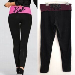 PINK YOGA VS PINK VICTORIA'S SECRET Foldover Yoga Leggings Black Burgundy BLING